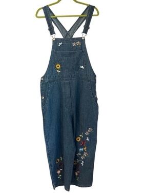 Agapo Denim Overalls Blue Embroidered Floral Cropped Wide Leg Cotton Boho XL